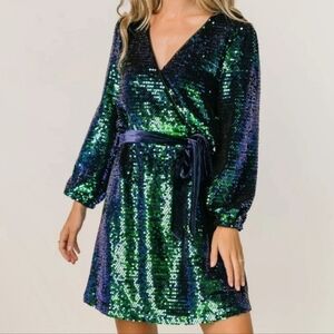 Sequin Wrap Dress in Green and Blue